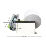 A side profile view of the 4-inch kiosk thermal printer with dimension overlays