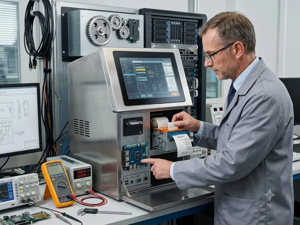 Engineer testing kiosk printer integration with self-service terminal hardware before deployment