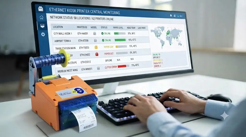 Remote monitoring dashboard showing Ethernet kiosk printer status across multiple locations