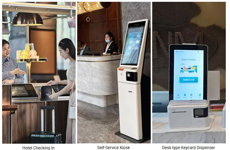SNRO hotel key card issuing and reclaiming reader writer for self check-in kiosk with RFID encoding motorized dispensing card recycling storage and RS232 interface for PMS integration