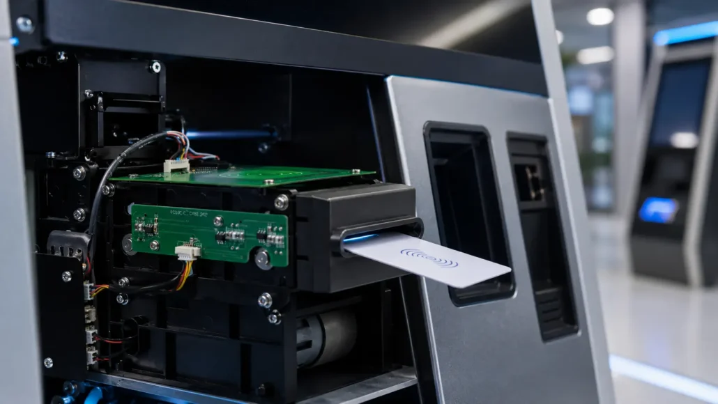 RFID card dispenser integrated into a self-service kiosk for automated card issuing applications