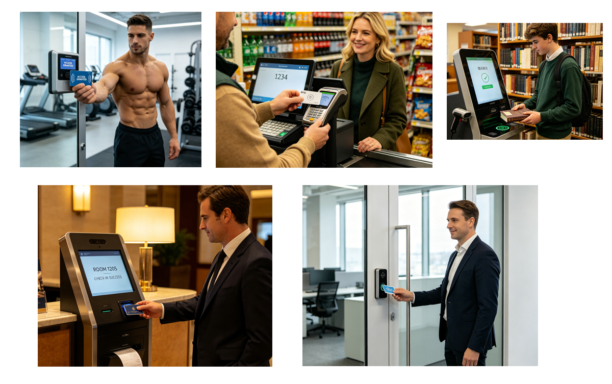SNRO self-service card dispenser applications for gym membership retail loyalty program hotel self check-in co-working space access library card issuance and gift card vending kiosk with RFID encoding and motorized dispensing