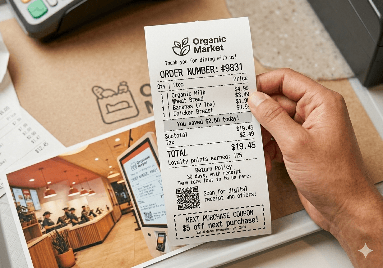 80mm retail self-checkout receipt with loyalty points and coupon QR code