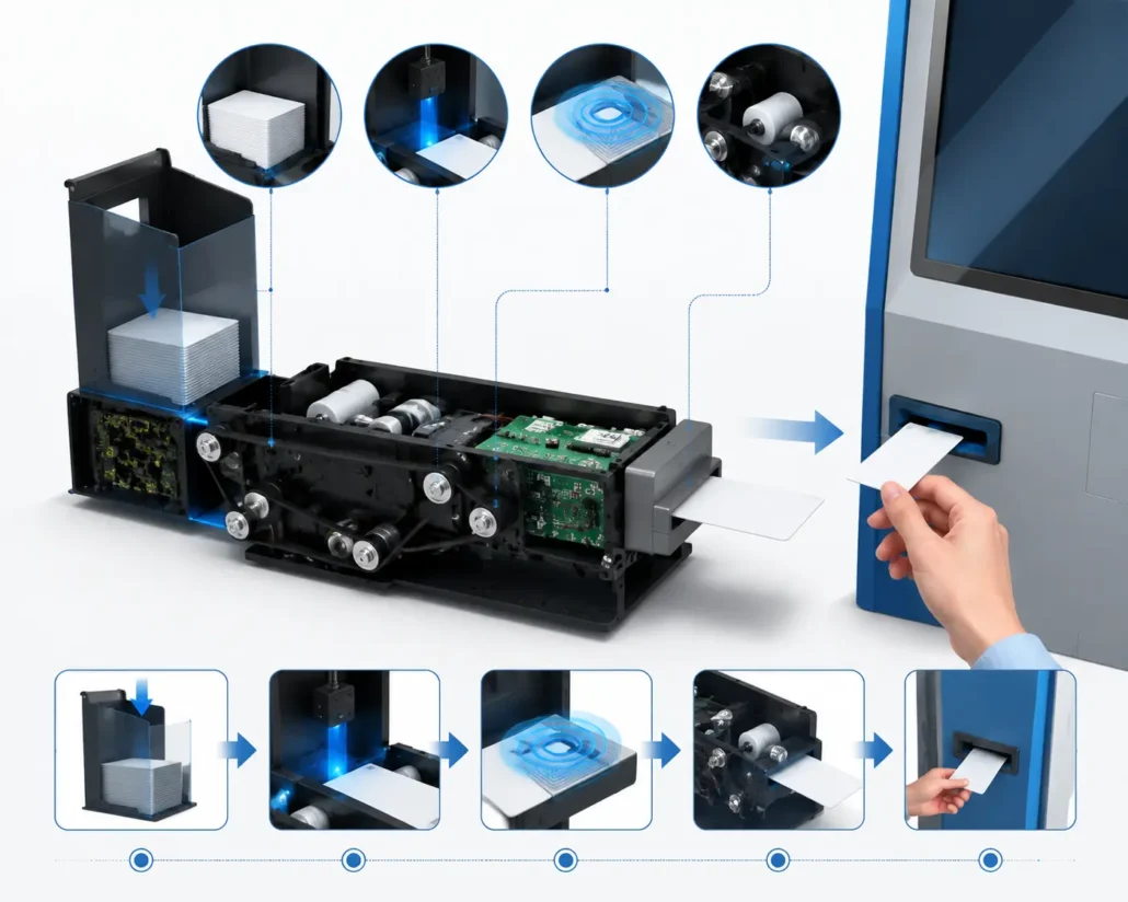 RFID card dispenser workflow showing card storage RFID processing dispensing and user collection