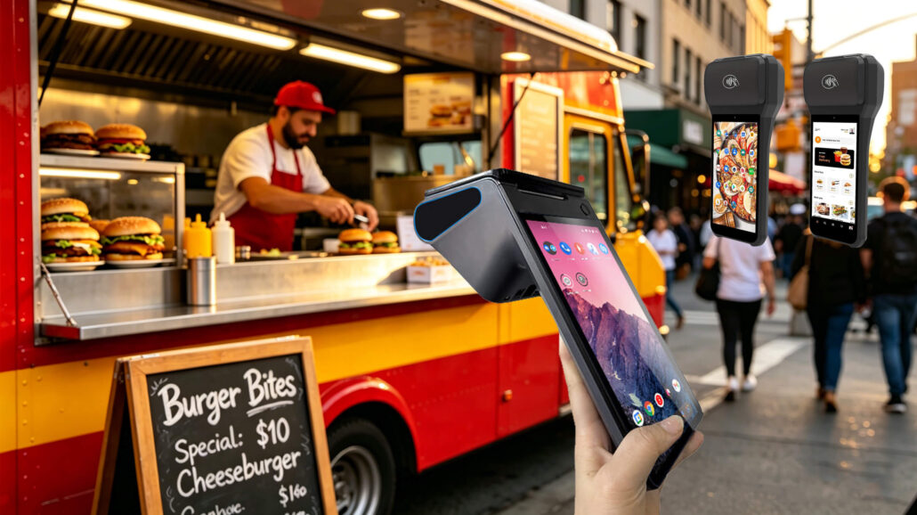 Food truck owner using handheld POS with built-in printer