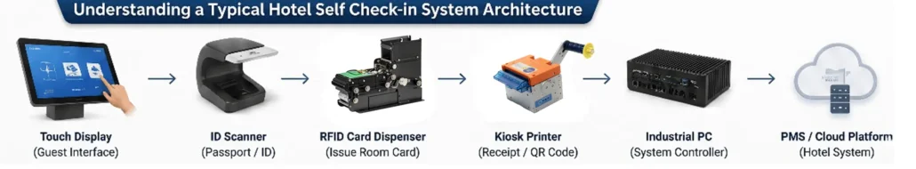 Hotel self check-in hardware architecture showing ID scanner, RFID card system, thermal printer and industrial PC integration