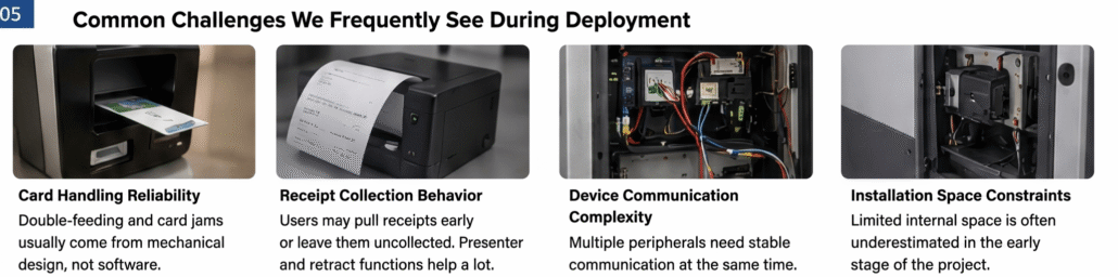 Common challenges in hotel kiosk deployment including card handling, receipt collection and hardware communication issues