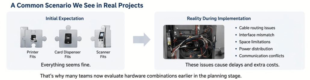 Real hotel kiosk deployment scenario showing integration challenges such as cable routing and device communication
