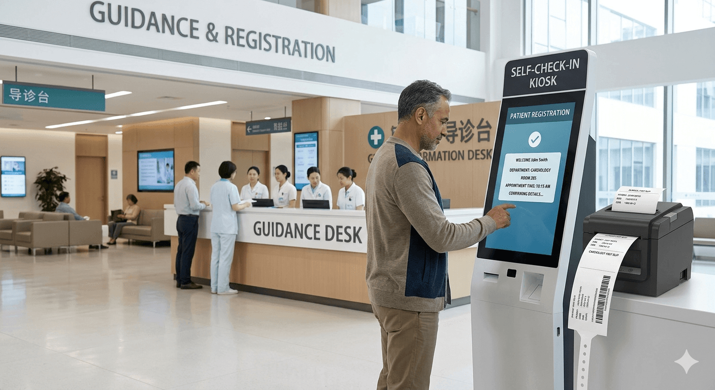 SNRO Patient using hospital check-in kiosk printing wristband and receipt