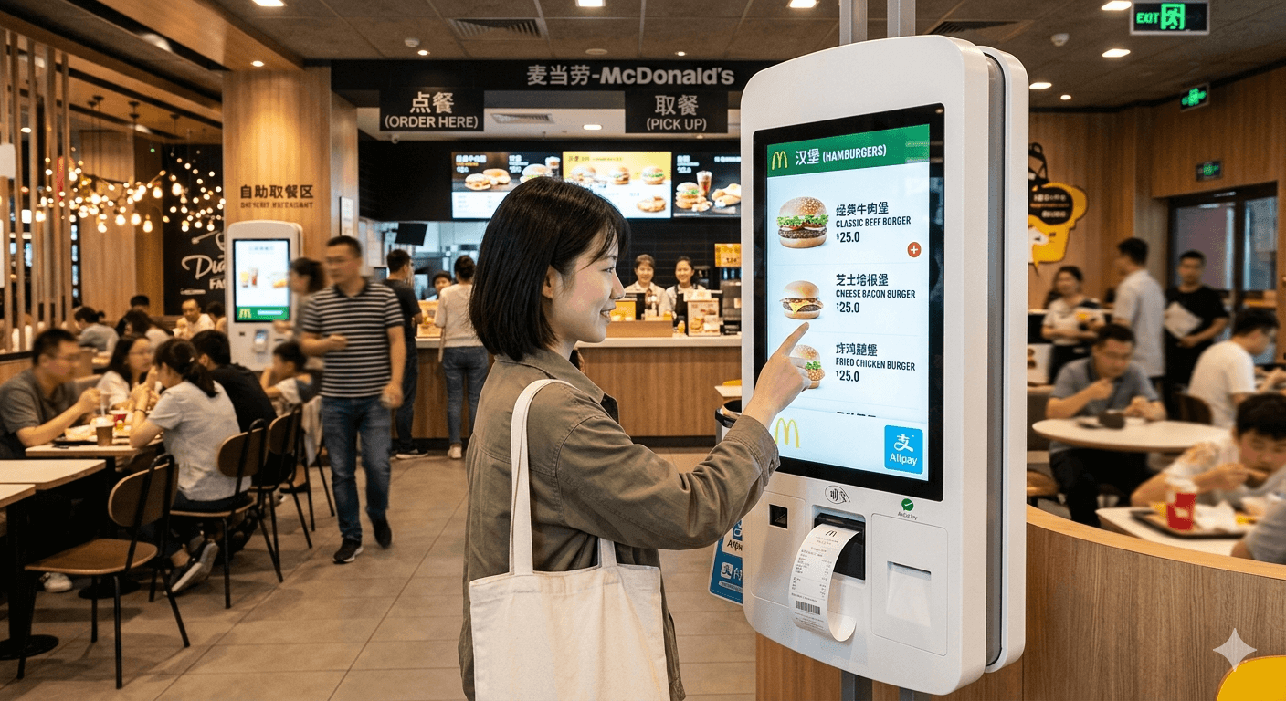 SNR Customer using self-ordering kiosk at fast food restaurant with receipt printing