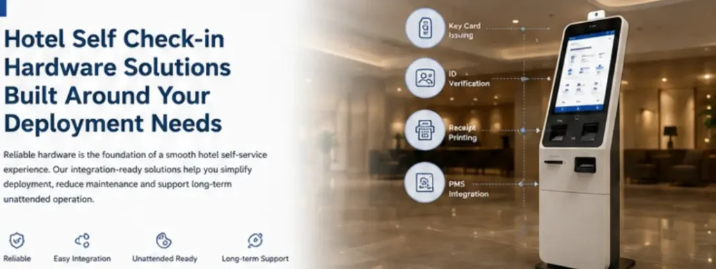 Hotel self check-in kiosk deployed in a hospitality environment for automated guest registration and hotel automation systems