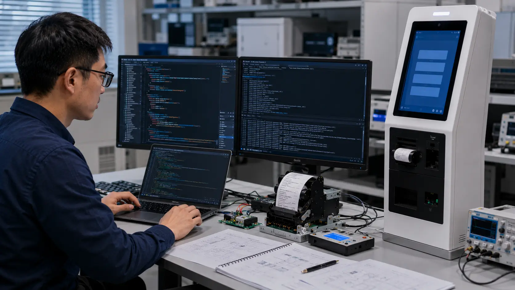 Software engineer integrating kiosk printer SDK into a self-service application
