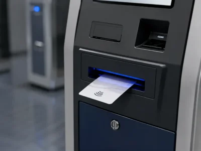 Motorized card dispenser integrated into a self-service kiosk for automatic card issuance