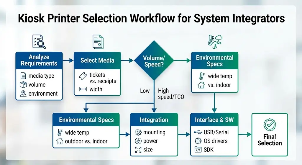 kiosk printer selection workflow for self-service system integrators