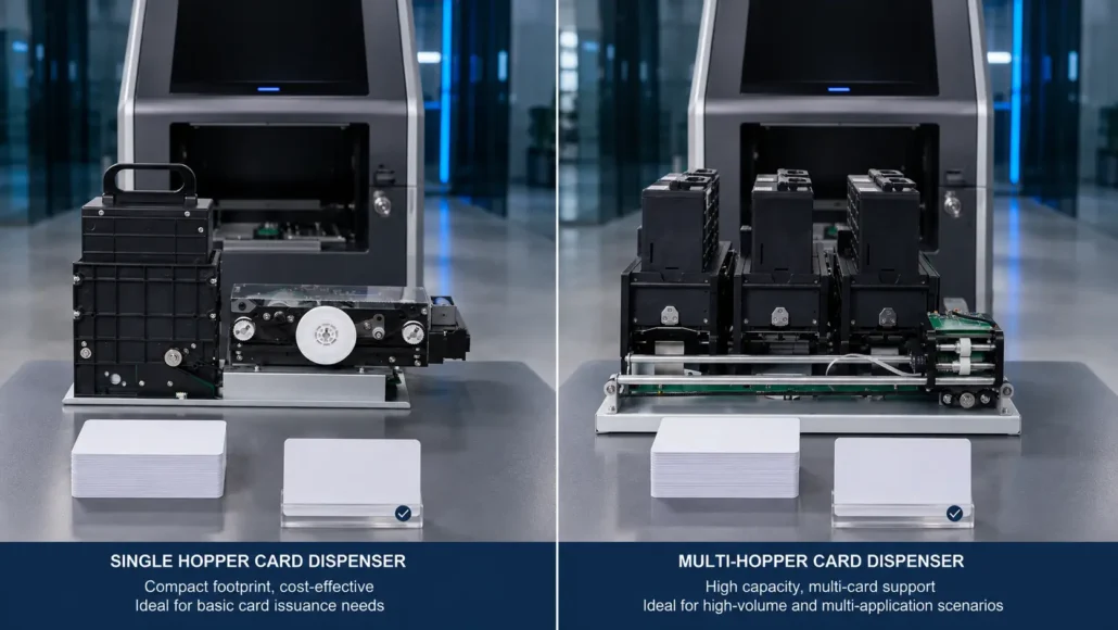 Comparison between single hopper and multi-hopper card dispenser systems for self-service kiosks