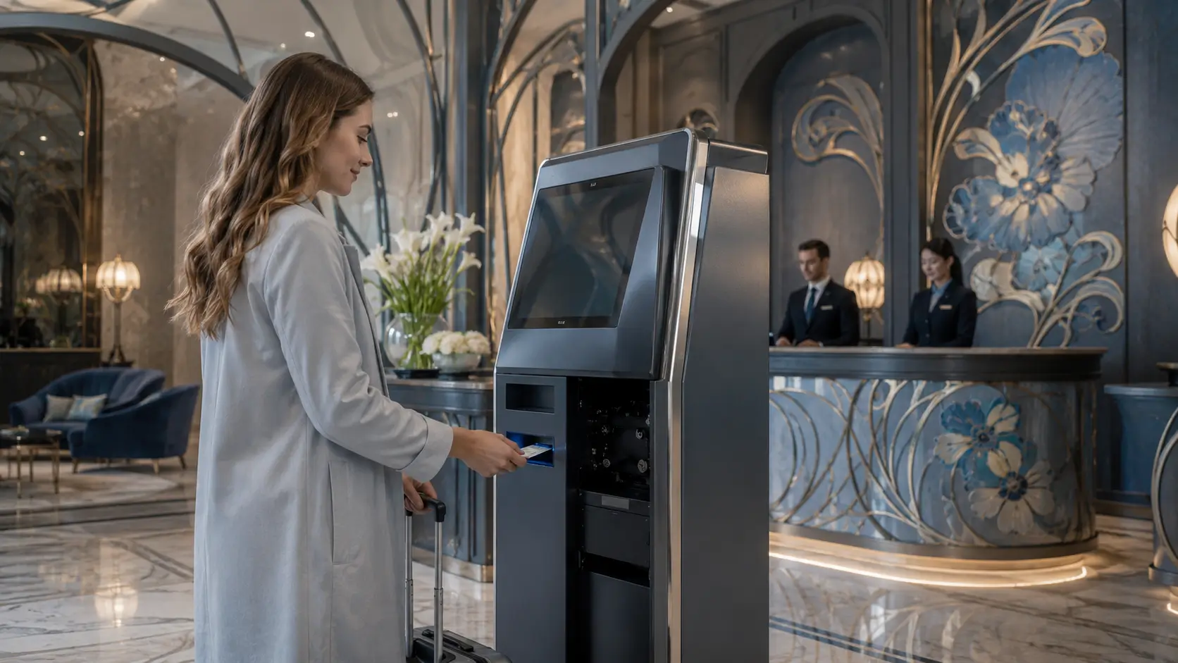 Hotel self check-in kiosk with integrated RFID key card management and card recycling system