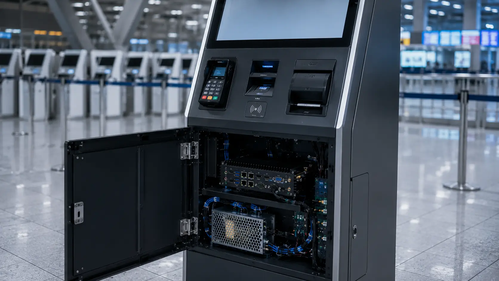 Industrial PC integrated inside modern self-service kiosk controlling multiple hardware peripherals