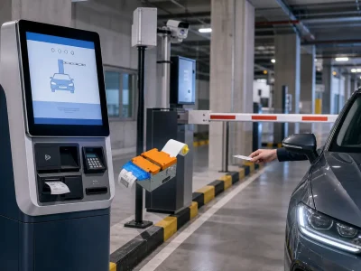 Parking kiosk printer with presenter module issuing ticket in self-service parking system