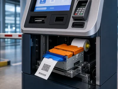 Industrial kiosk printer embedded inside self-service kiosk system for parking and banking applications