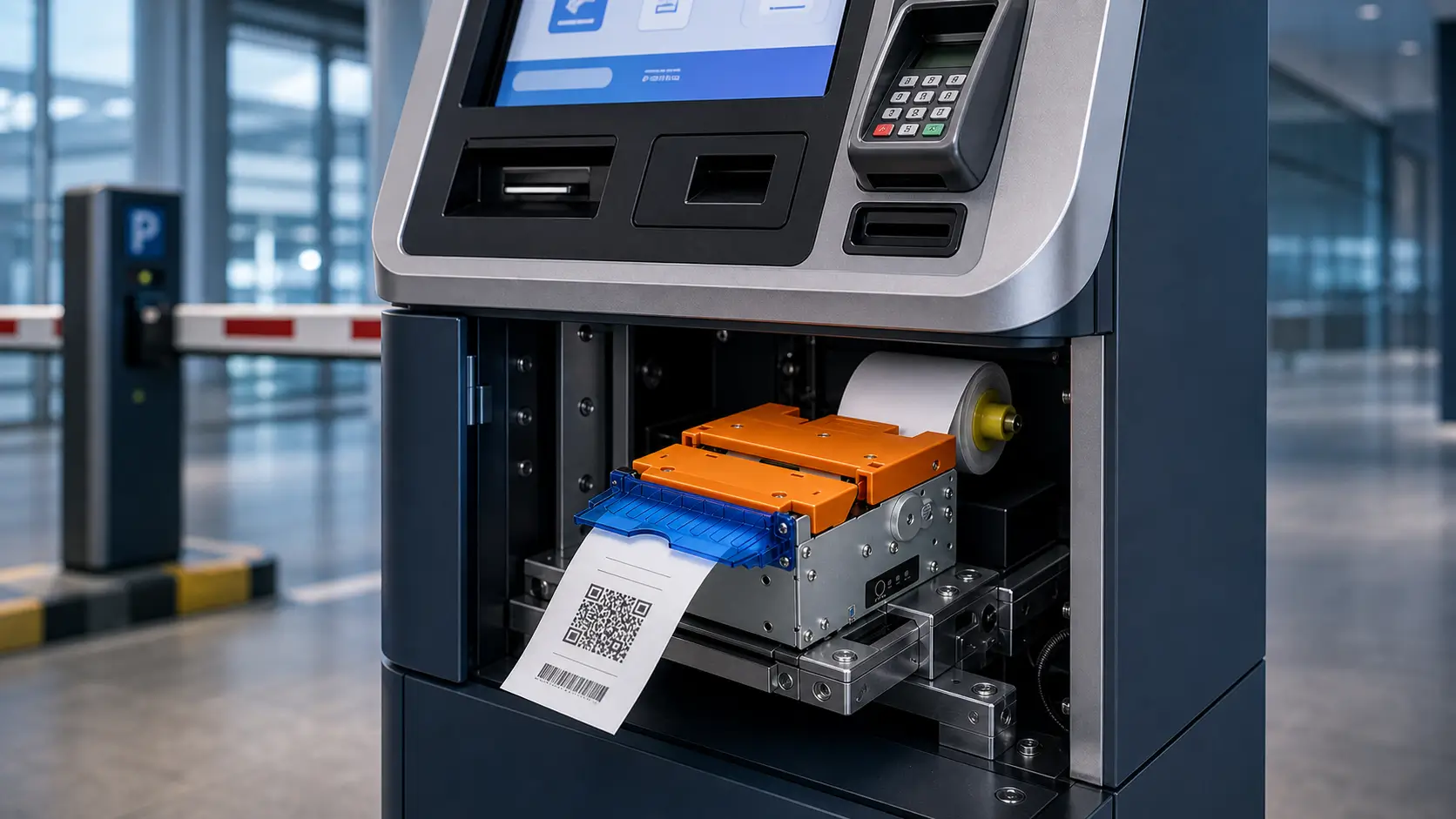 Industrial kiosk printer embedded inside self-service kiosk system for parking and banking applications
