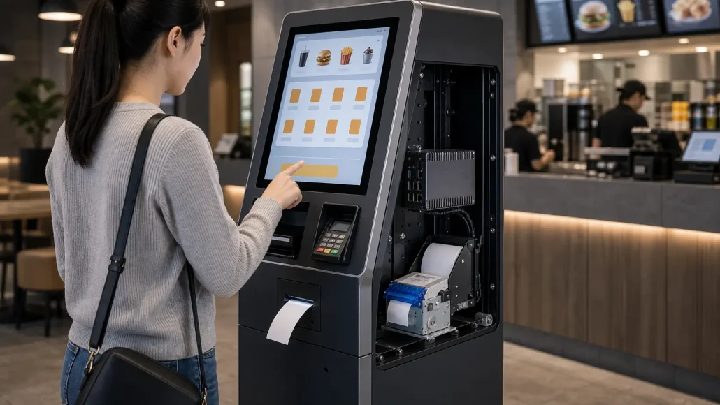 Self ordering kiosk hardware system architecture with touchscreen printer payment and POS integration