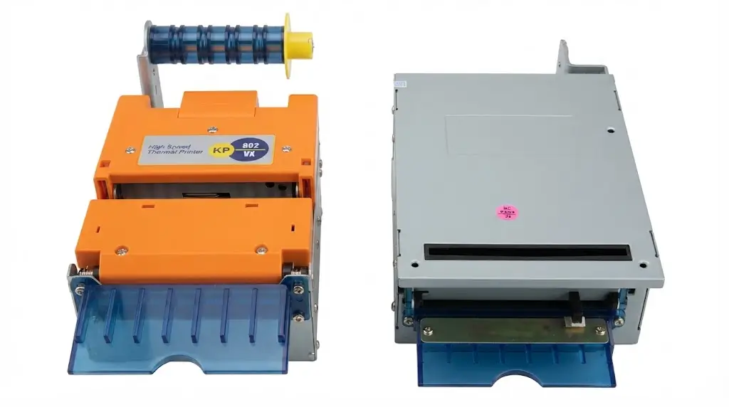 Industrial kiosk printer presenter mechanism with automatic cutter and ticket retract system