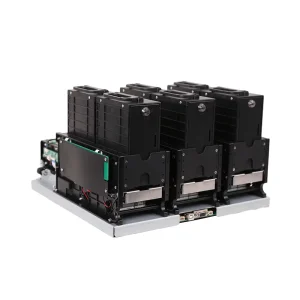Industrial six-cassette RFID card dispenser rear view showing card box modules and mechanical structure for kiosk integration