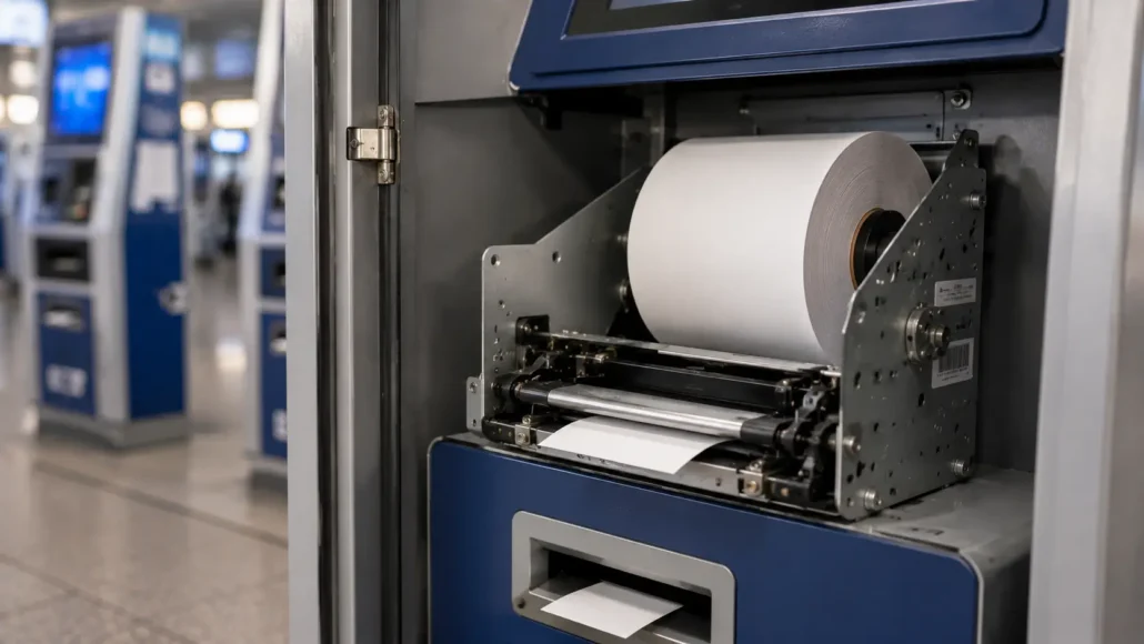 Large paper roll capacity kiosk printer for ticket vending machines