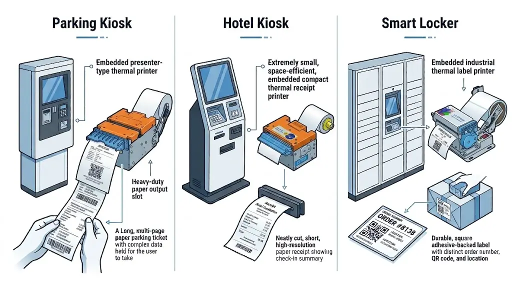 Comparison of industrial kiosk printer configurations for parking, healthcare, hotel, ticketing and smart locker applications