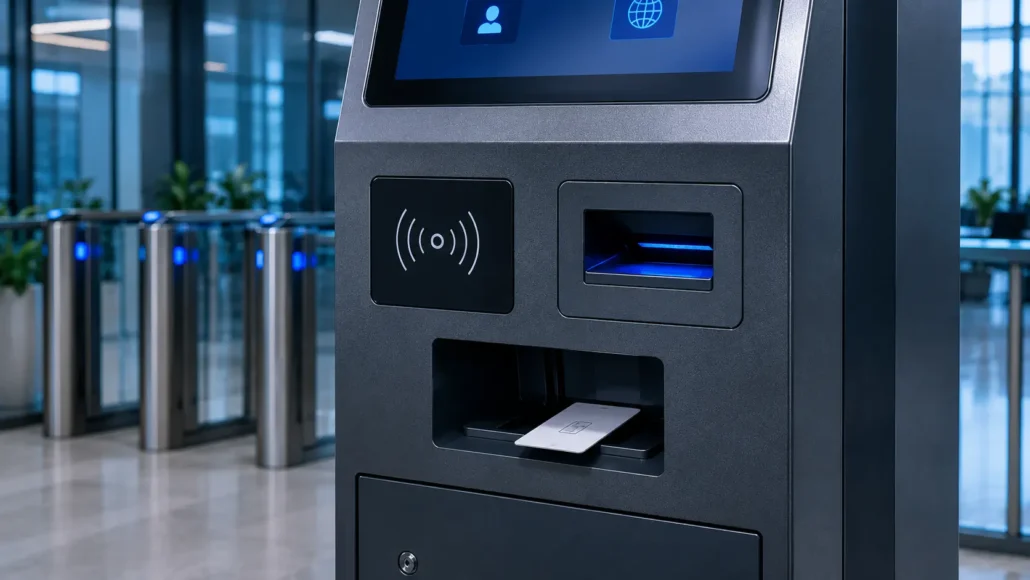 Motorized RFID card dispenser issuing employee and visitor access cards in self-service kiosk