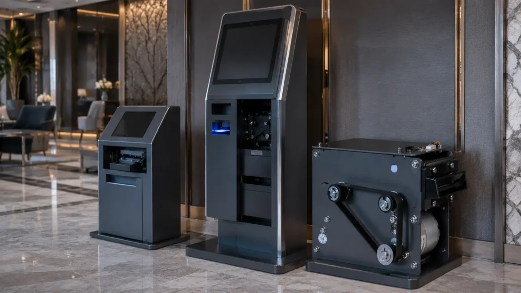 Hotel key card dispenser card collector and hotel self check-in kiosk hardware solutions