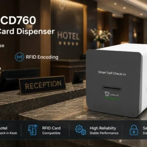 Desktop hotel card issuing machine for RFID room key dispensing at reception desk
