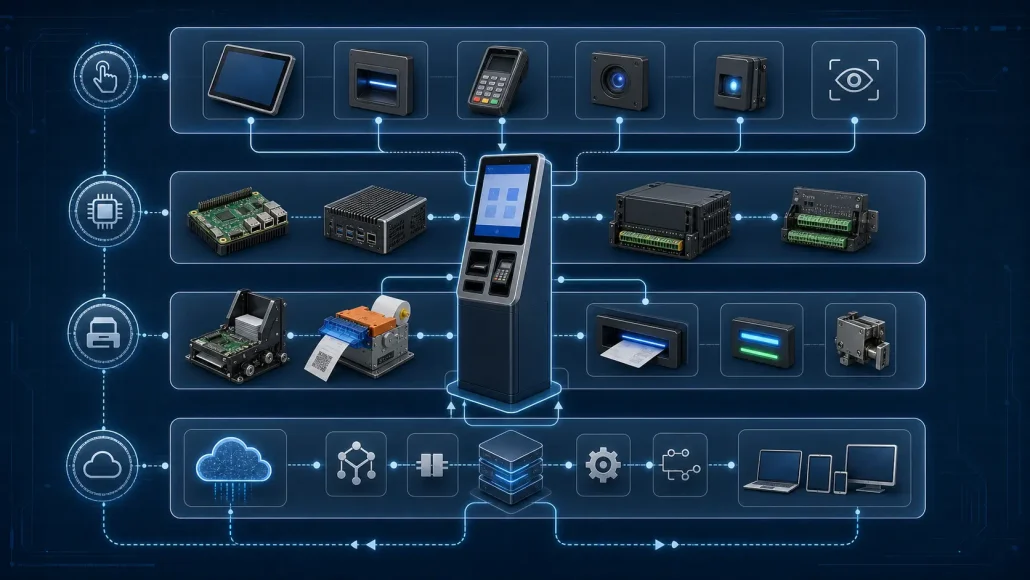 Self-service kiosk system architecture showing layered input output and control modules