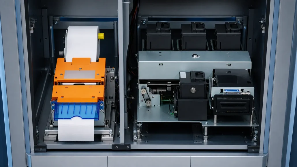 Comparison of kiosk printer output system and card dispenser input system in self-service kiosks