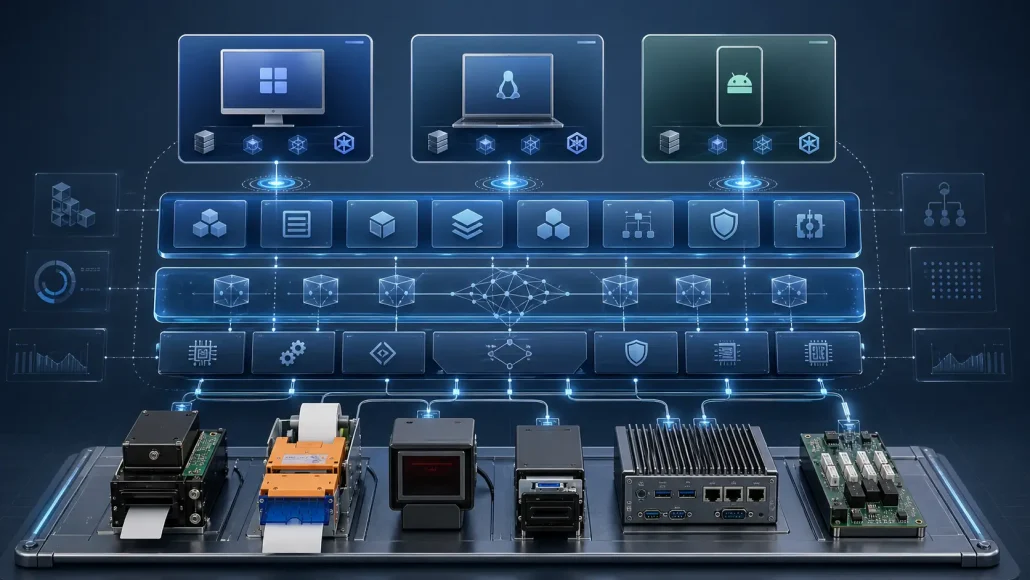 Self-service kiosk system SDK integration architecture across multiple platforms