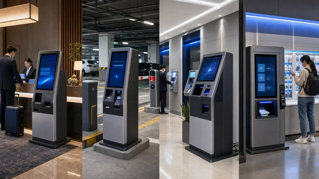 Self-service kiosk hardware systems used in hotel parking banking and telecom applications