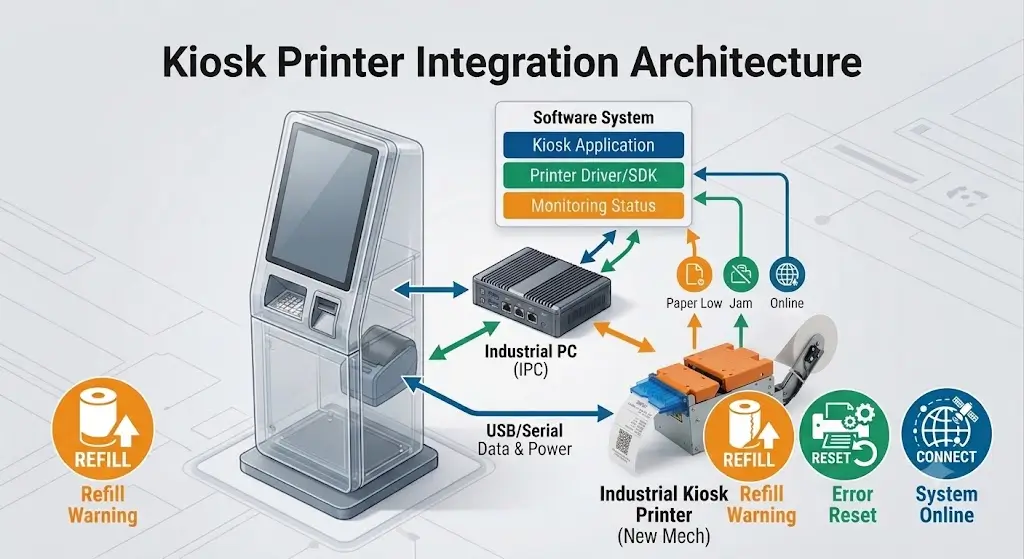 kiosk printer integration architecture with industrial PC and software system