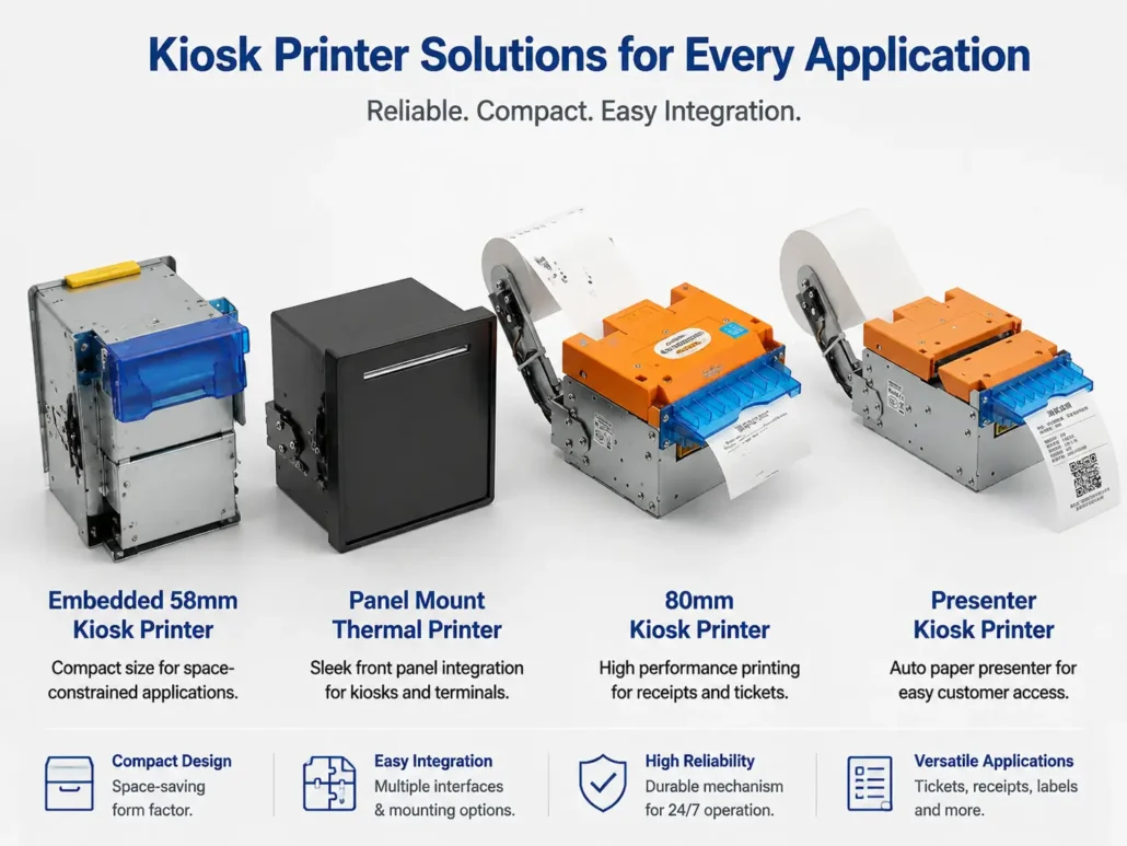 SNRO industrial embedded thermal kiosk printer product family including 58mm and 80mm models