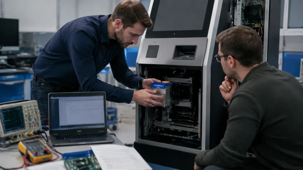 Engineers integrating an industrial embedded thermal kiosk printer into a self-service kiosk prototype