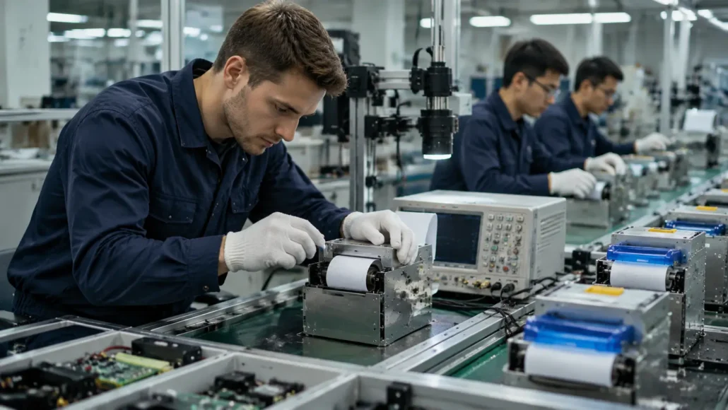 Industrial embedded thermal kiosk printers undergoing engineering validation and factory quality testing