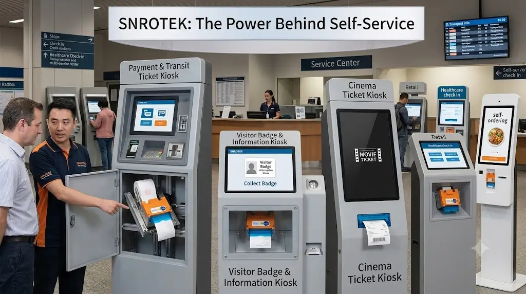 Industrial embedded thermal kiosk printer installed inside multiple self-service kiosk applications