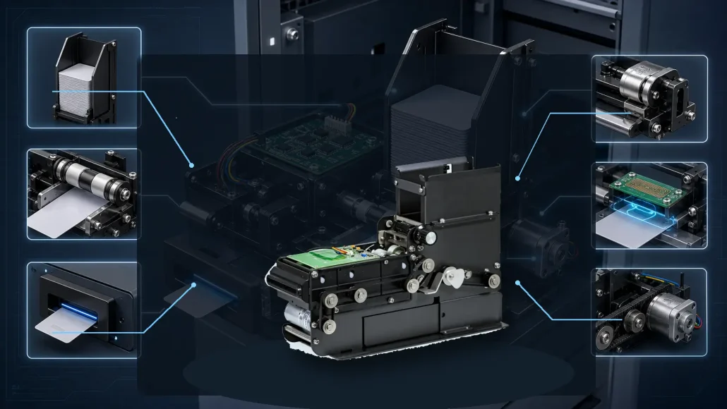 Internal structure of card dispenser system showing card feeding and RFID encoding mechanism