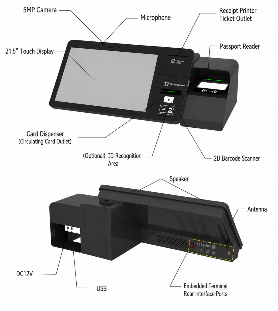 SNR-HK03-AW integrated self-service kiosk terminal with passport reader and 21.5-inch touchscreen