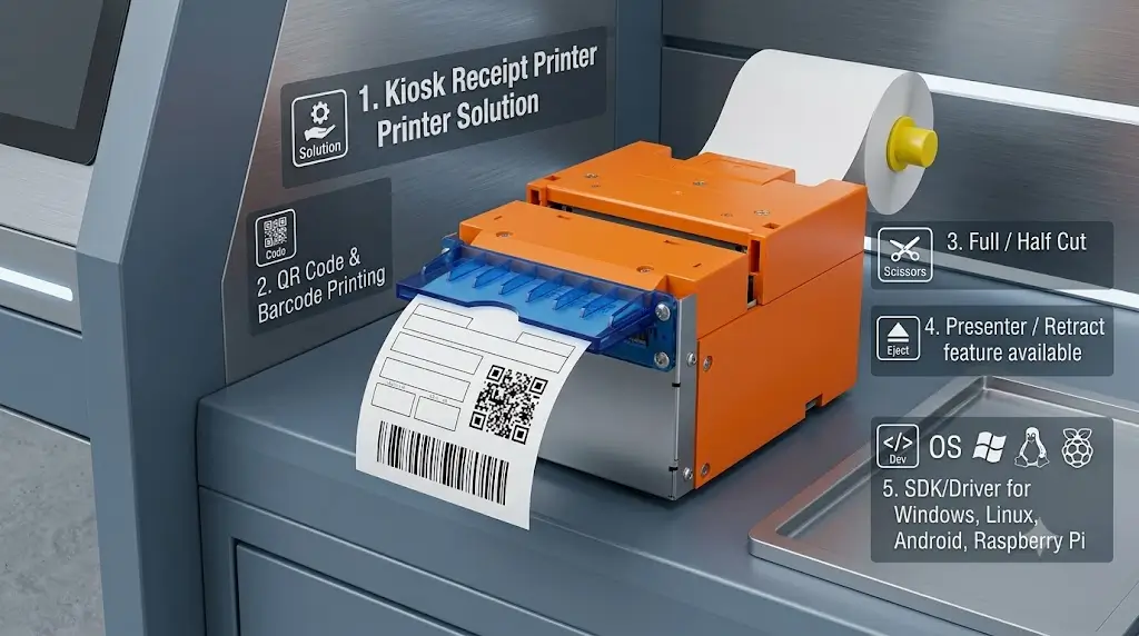 Ticket kiosk printed ticket layout with QR code barcode and embedded printer selection planning