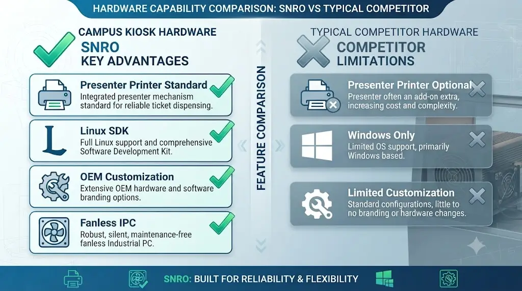 Comparison chart showing SNRO campus kiosk hardware advantages including presenter printer standard, Linux SDK support, and fanless IPC