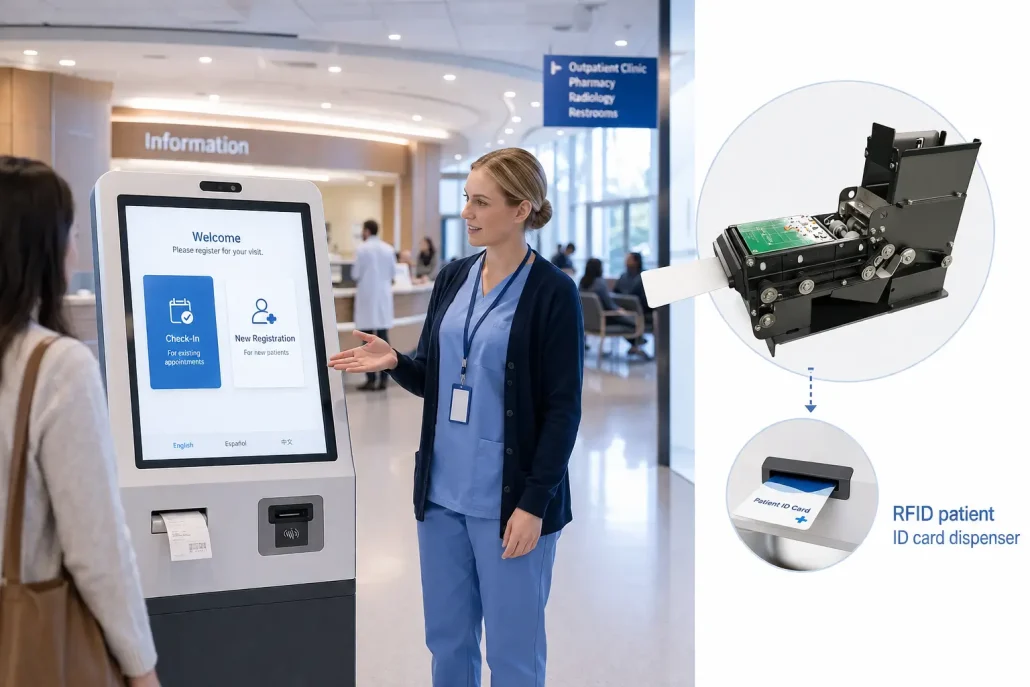 RFID patient ID card dispenser for healthcare kiosk