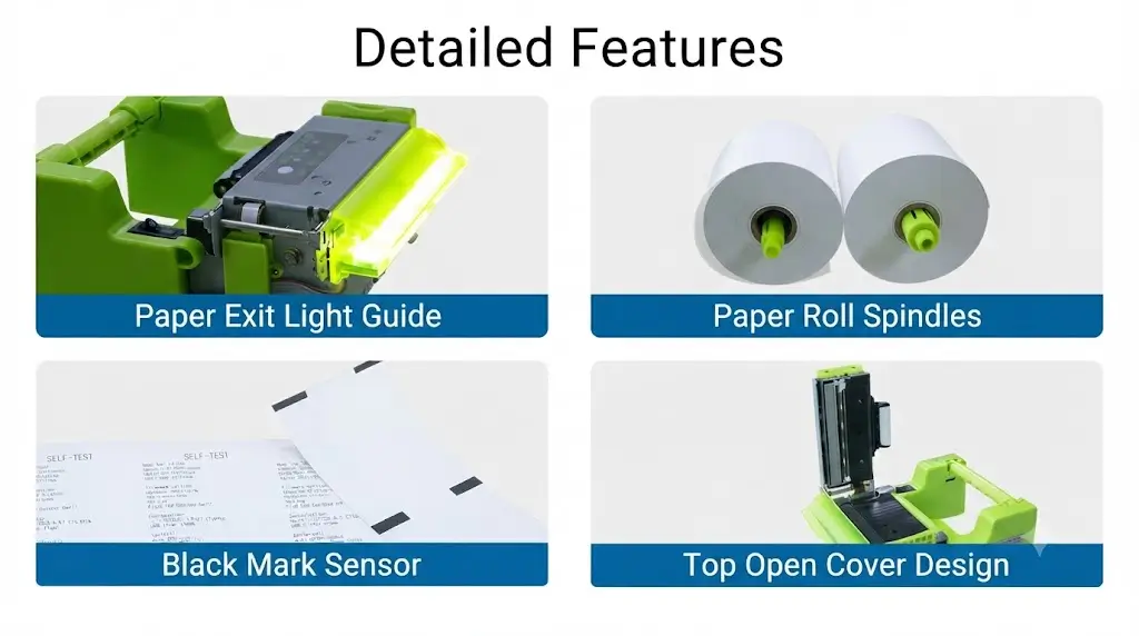SNR-KP803 Series large paper roll design with customizable support structure showing 100mm diameter capacity for extended unattended operation