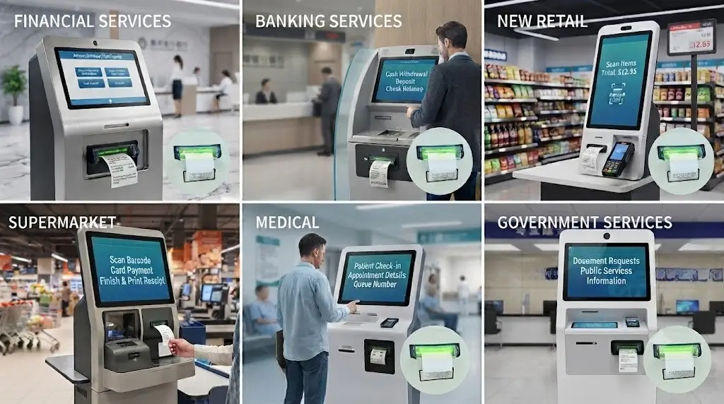 Self-service kiosk applications overview showing retail checkout, banking services, medical patient check-in, and government service interfaces with SNR-KP803 thermal printer integration
