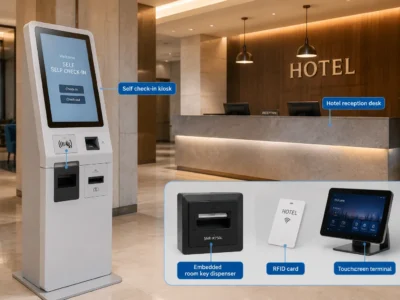 Self check-in kiosk with callouts for the embedded room key dispenser and RFID room key dispenser