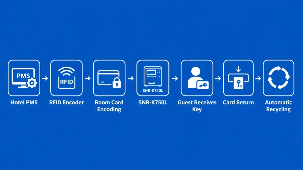 Workflow diagram for an automatic room key dispenser and hotel room card dispenser system